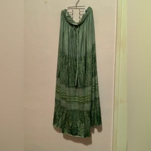 drawstring a-line green printed long skirt